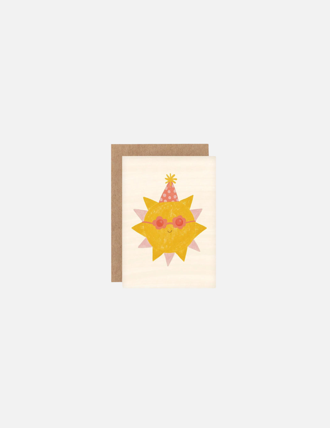 A mini greeting card with an illustration of a sun wearing sunglasses and a party hat